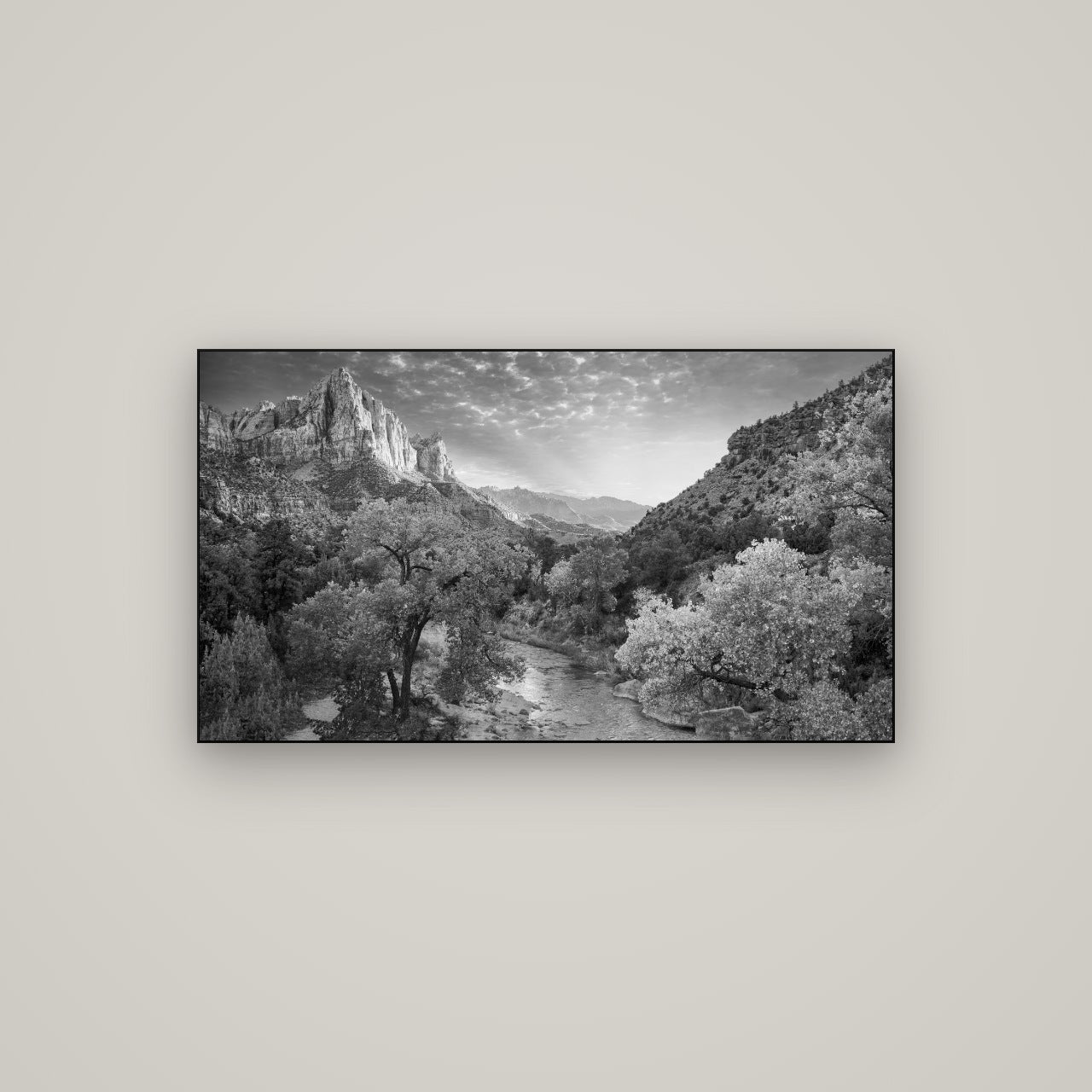 Canyon Evening, Zion National Park — Slimline Black, 107×60 cm. New Zealand fine art wall art by Stephen Milner.