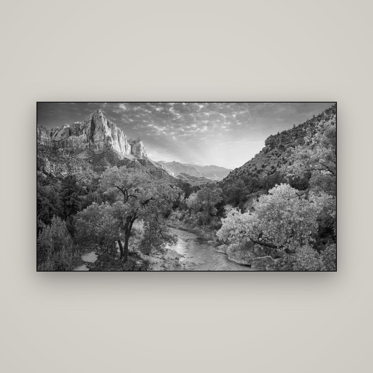 Canyon Evening, Zion National Park — Slimline Black, 160×90 cm. New Zealand fine art wall art by Stephen Milner.