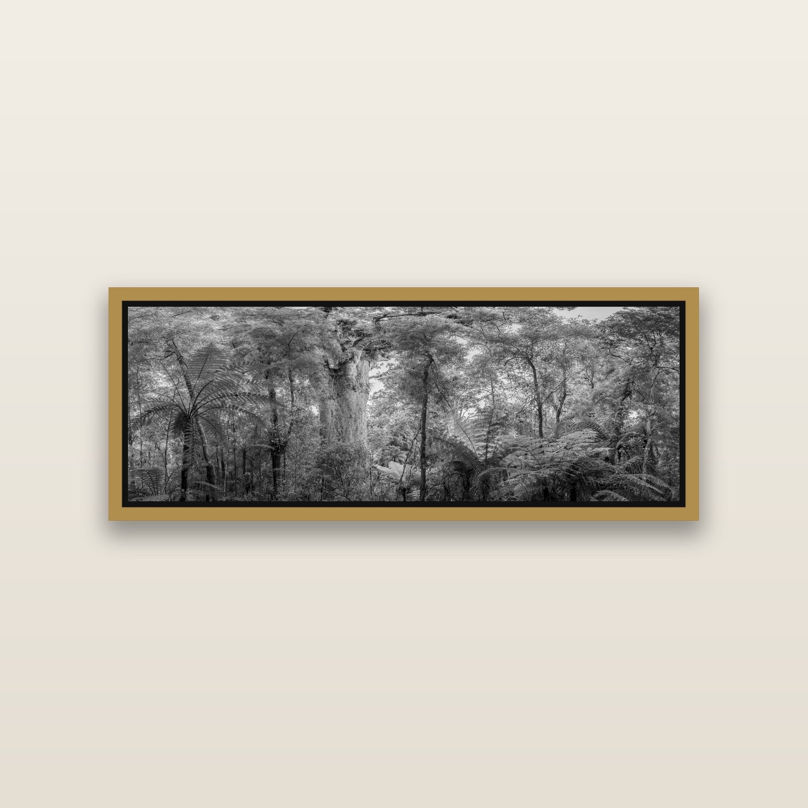 Cathedral of Giants, Ancient Kauri, Dargaville — Antique Gold framed metallic canvas print, small 86 × 30 cm. New Zealand fine art landscape wall art by Stephen Milner.