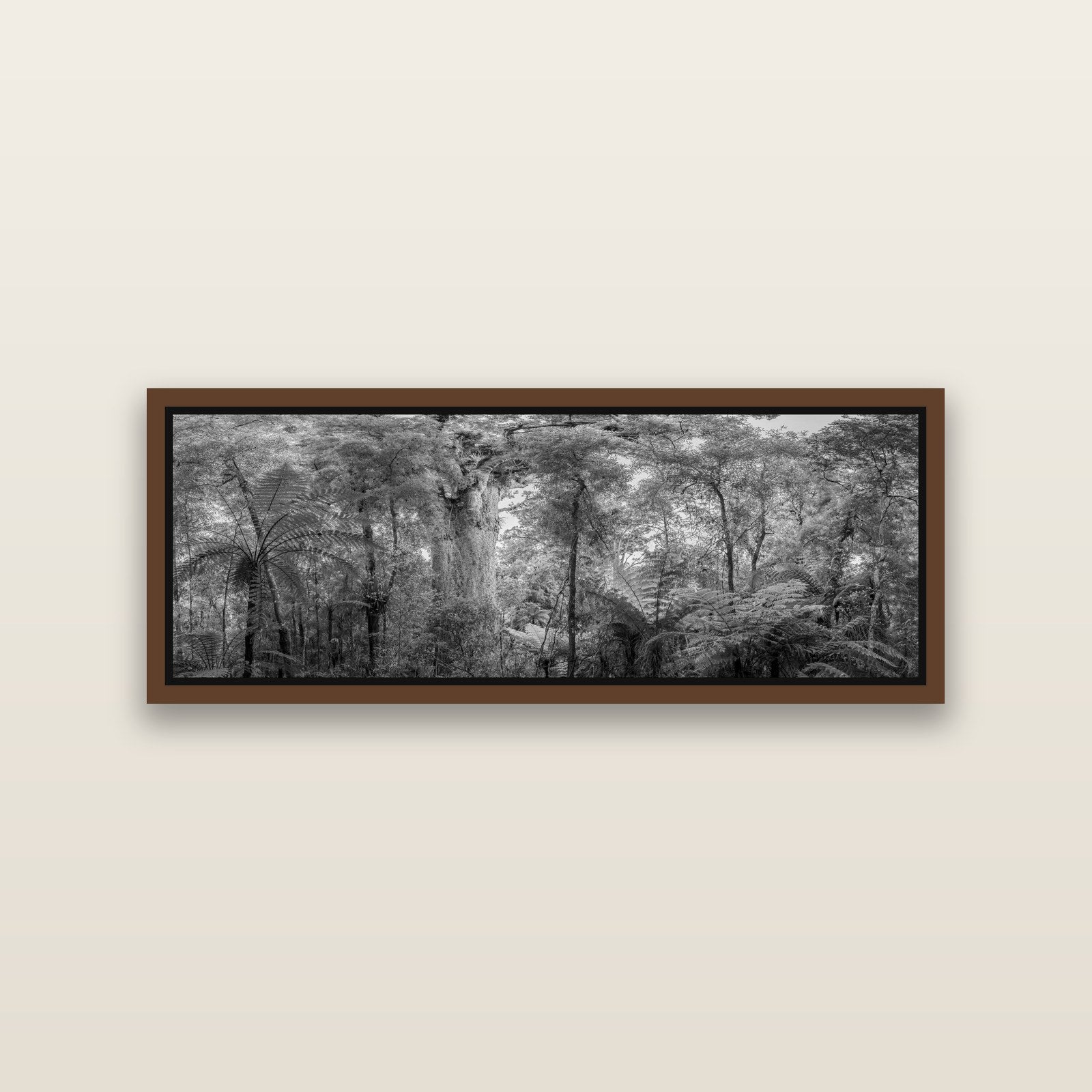 Cathedral of Giants, Ancient Kauri, Dargaville — Brown framed metallic canvas print, small 86 × 30 cm. New Zealand fine art landscape wall art by Stephen Milner.