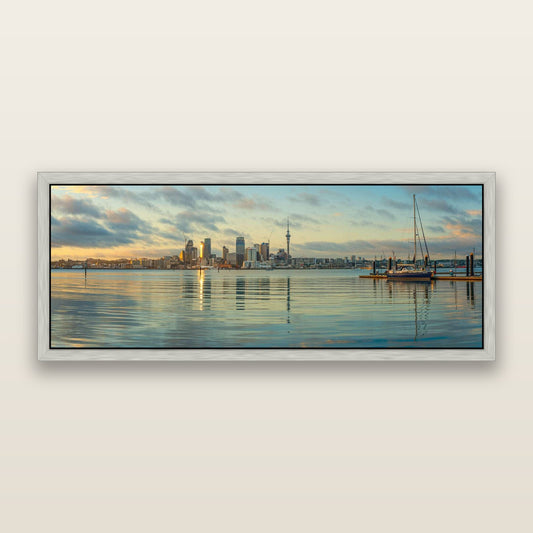 City of Dawn, Auckland's Majestic Awakening — framed metallic canvas print, Antique Silver frame. New Zealand fine art landscape wall art by Stephen Milner.