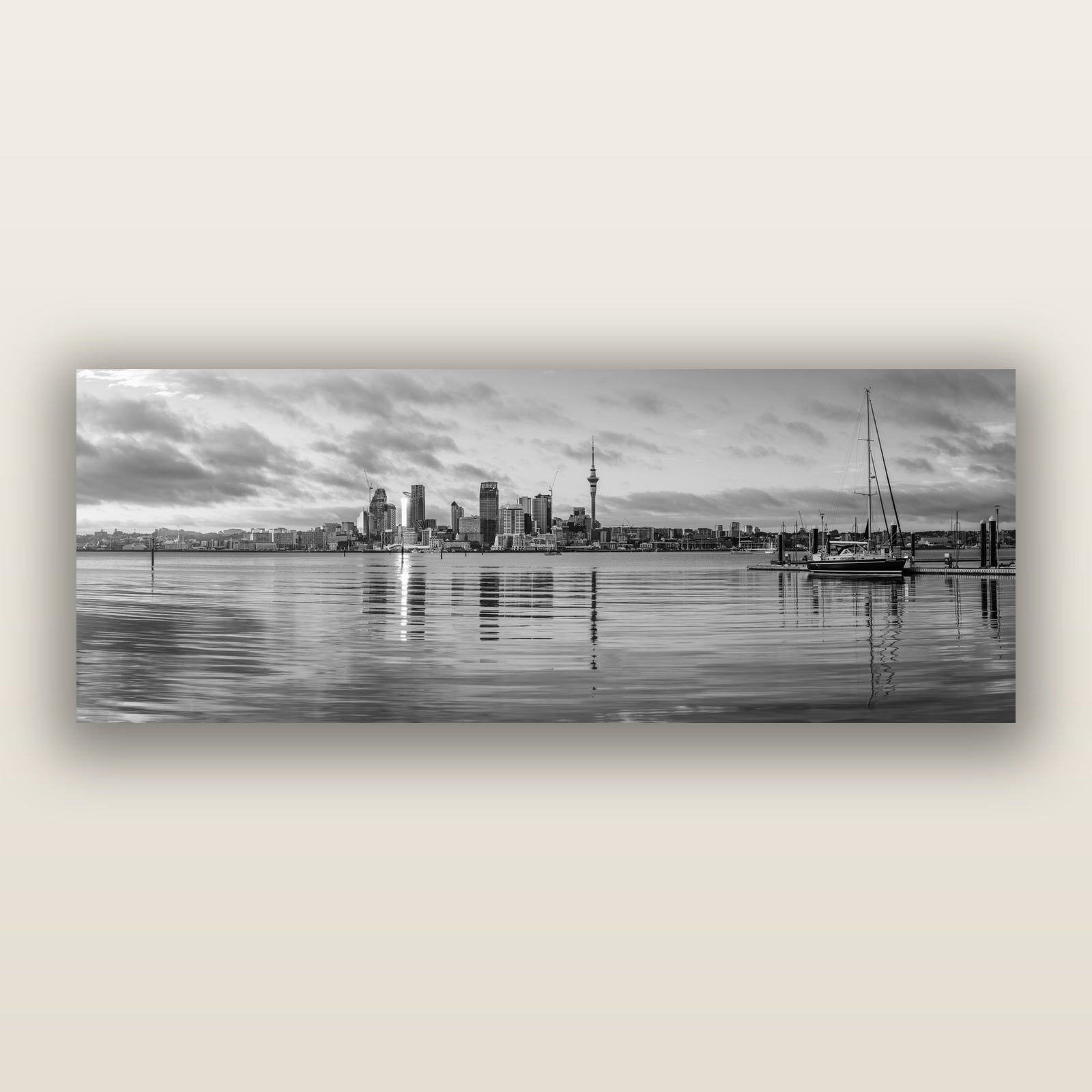 City of Dawn, Auckland's Majestic Awakening, black and white frameless acrylic glass print. New Zealand fine art photography by Stephen Milner.