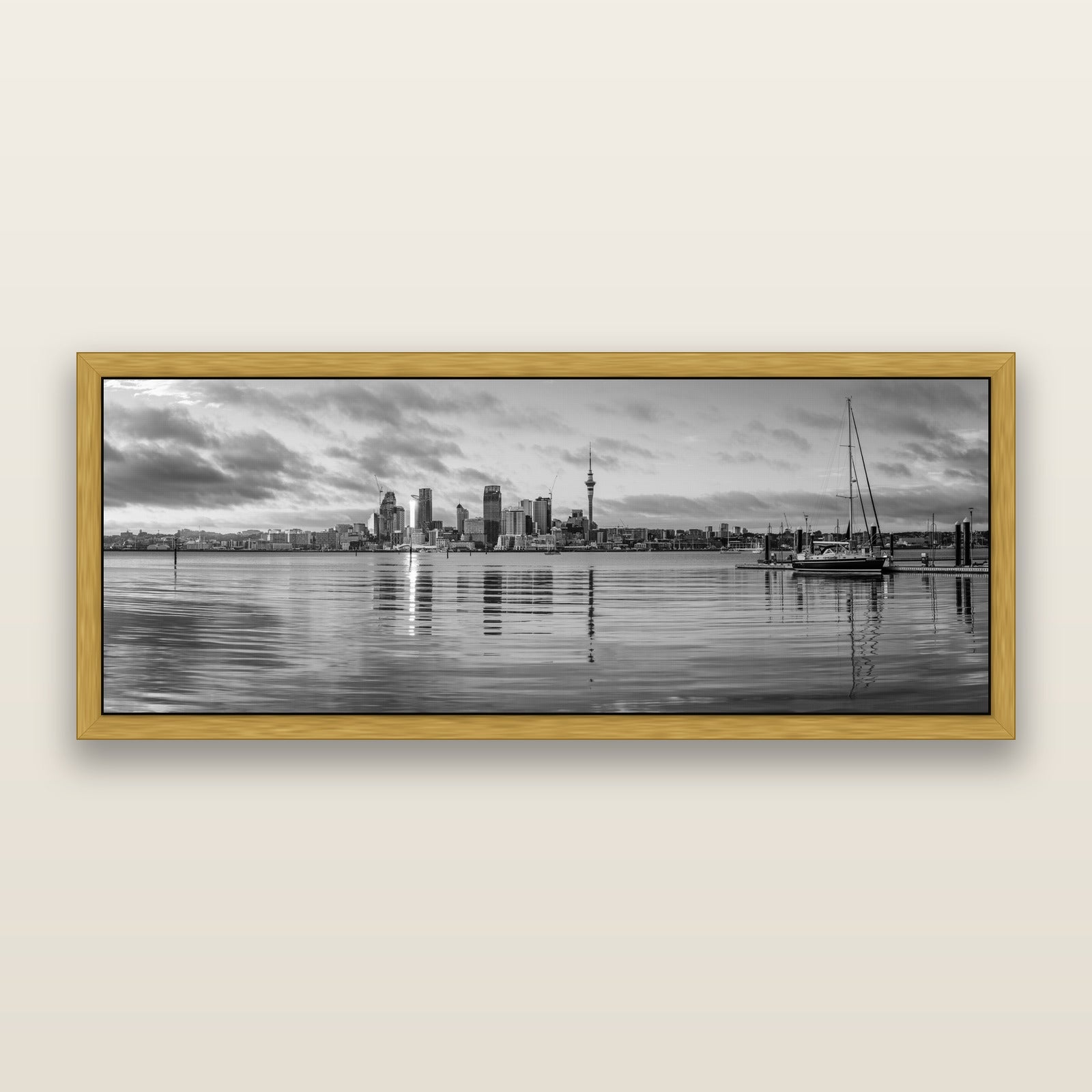 City of Dawn, Auckland's Majestic Awakening, black and white framed metallic canvas print, Antique Gold frame. New Zealand fine art wall art by Stephen Milner.