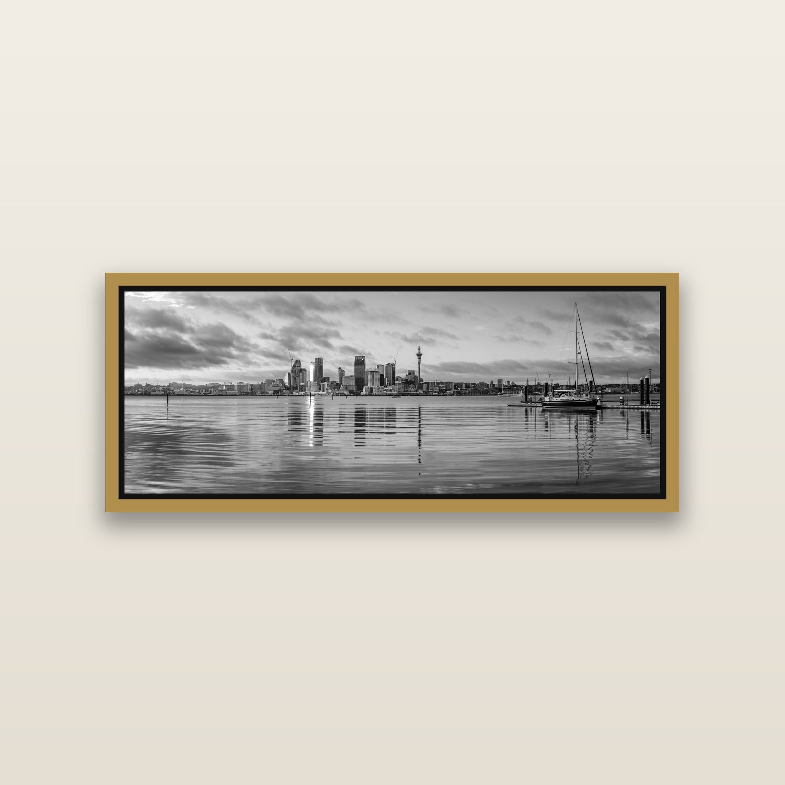 City of Dawn, Auckland's Majestic Awakening — Antique Gold framed metallic canvas print, small 86 × 30 cm. New Zealand fine art landscape wall art by Stephen Milner.