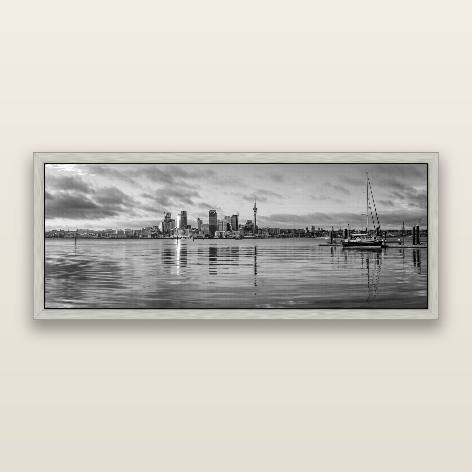 City of Dawn, Auckland's Majestic Awakening, black and white framed metallic canvas print, Antique Silver frame. New Zealand fine art wall art by Stephen Milner.