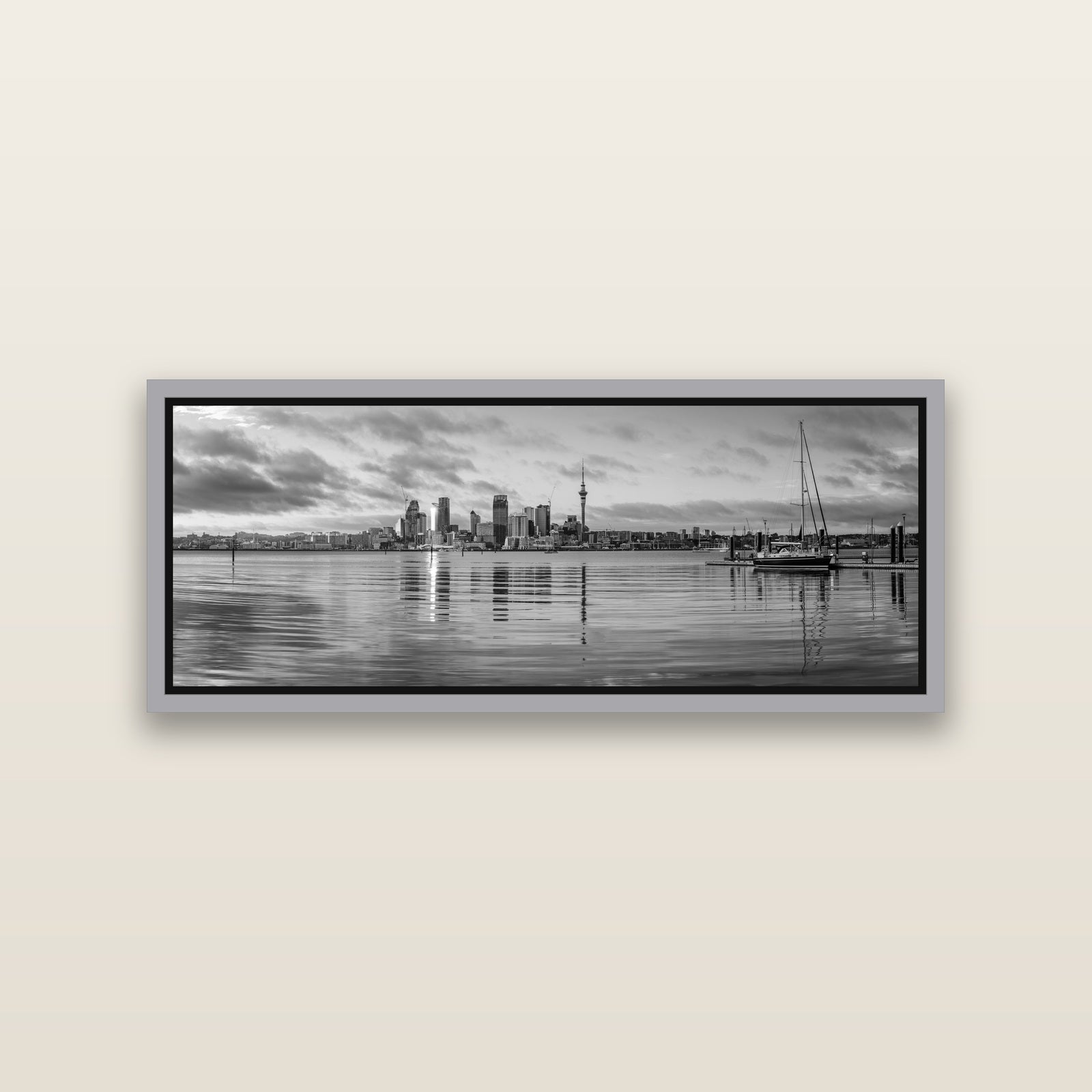 City of Dawn, Auckland's Majestic Awakening — Antique Silver framed metallic canvas print, small 86 × 30 cm. New Zealand fine art landscape wall art by Stephen Milner.