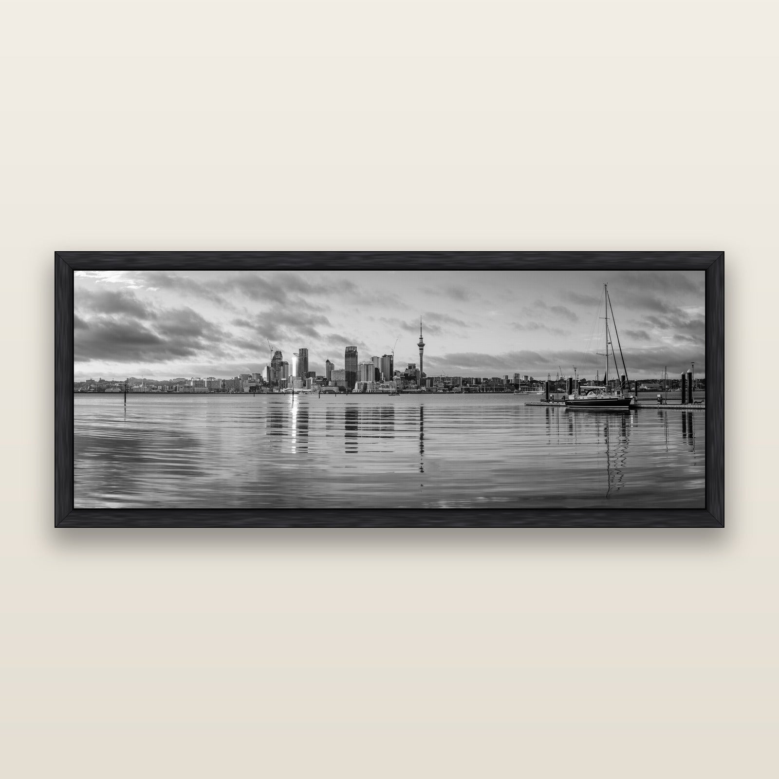 City of Dawn, Auckland's Majestic Awakening, black and white framed metallic canvas print, Black frame. New Zealand fine art wall art by Stephen Milner.