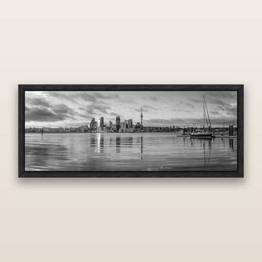 City of Dawn, Auckland's Majestic Awakening, black and white framed metallic canvas print, Black frame. New Zealand fine art wall art by Stephen Milner.