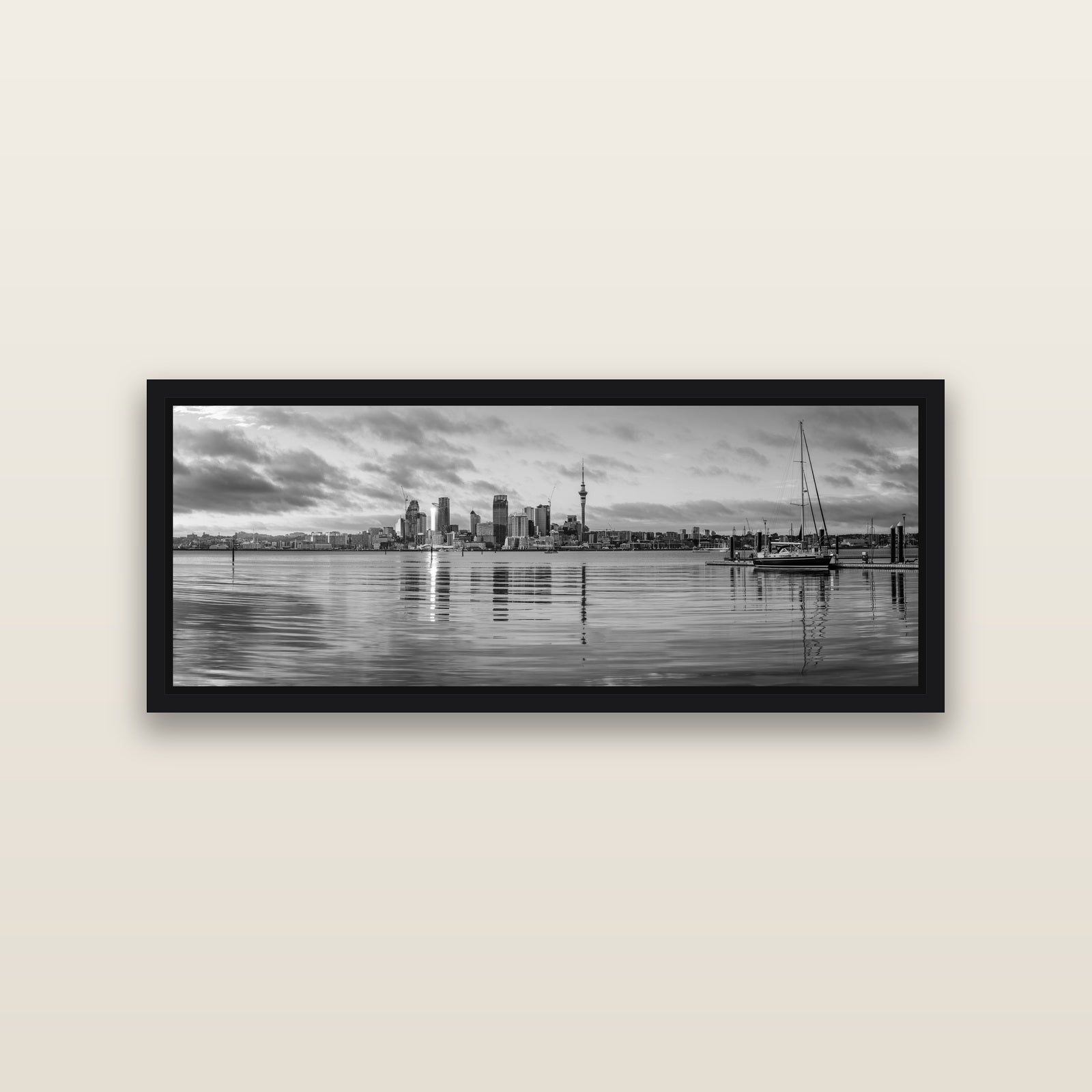 City of Dawn, Auckland's Majestic Awakening — Black framed metallic canvas print, small 86 × 30 cm. New Zealand fine art landscape wall art by Stephen Milner.
