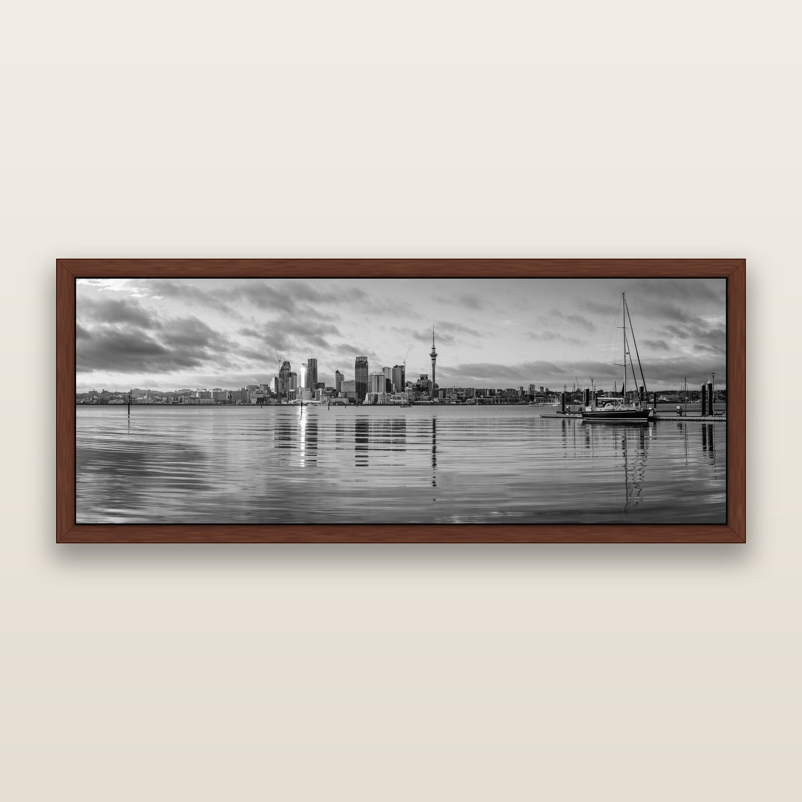 City of Dawn, Auckland's Majestic Awakening, black and white framed metallic canvas print, Brown frame. New Zealand fine art wall art by Stephen Milner.