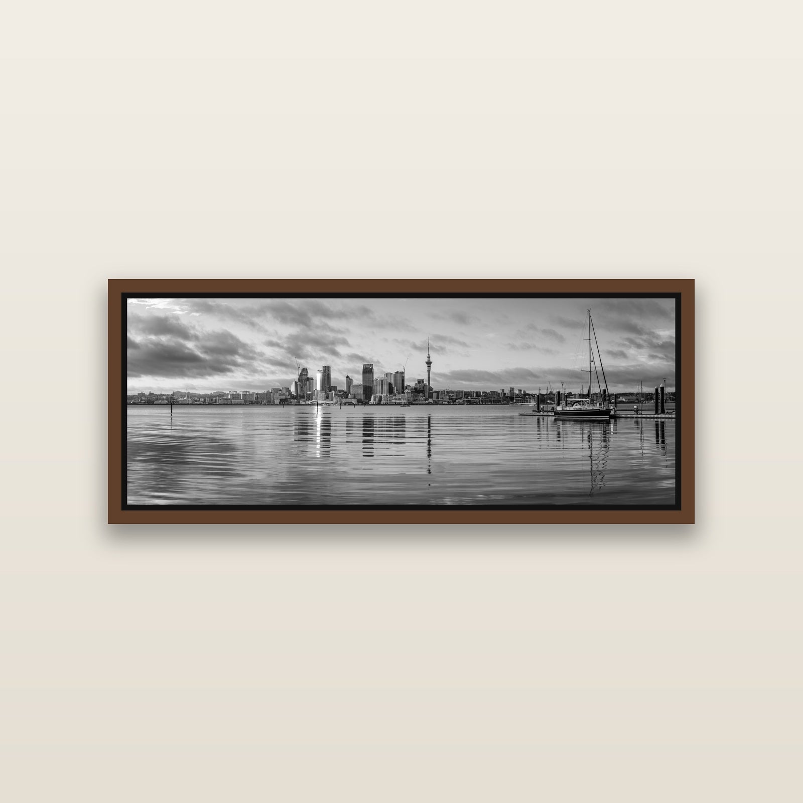 City of Dawn, Auckland's Majestic Awakening — Brown framed metallic canvas print, small 86 × 30 cm. New Zealand fine art landscape wall art by Stephen Milner.