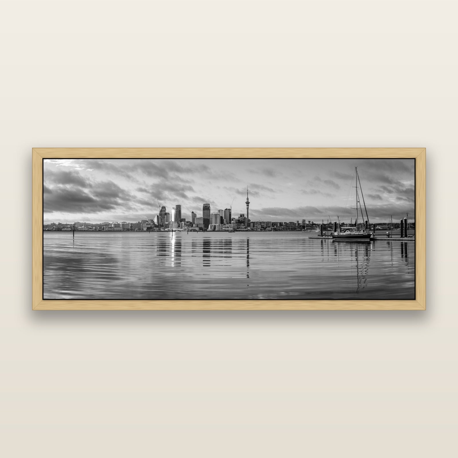 City of Dawn, Auckland's Majestic Awakening, black and white framed metallic canvas print, Natural frame. New Zealand fine art wall art by Stephen Milner.