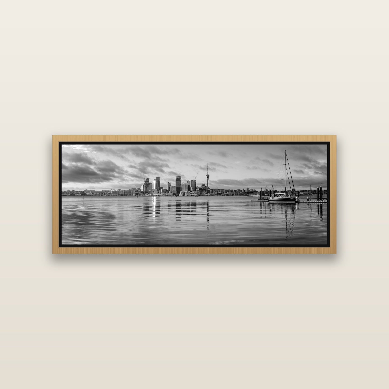 City of Dawn, Auckland's Majestic Awakening — Natural framed metallic canvas print, small 86 × 30 cm. New Zealand fine art landscape wall art by Stephen Milner.