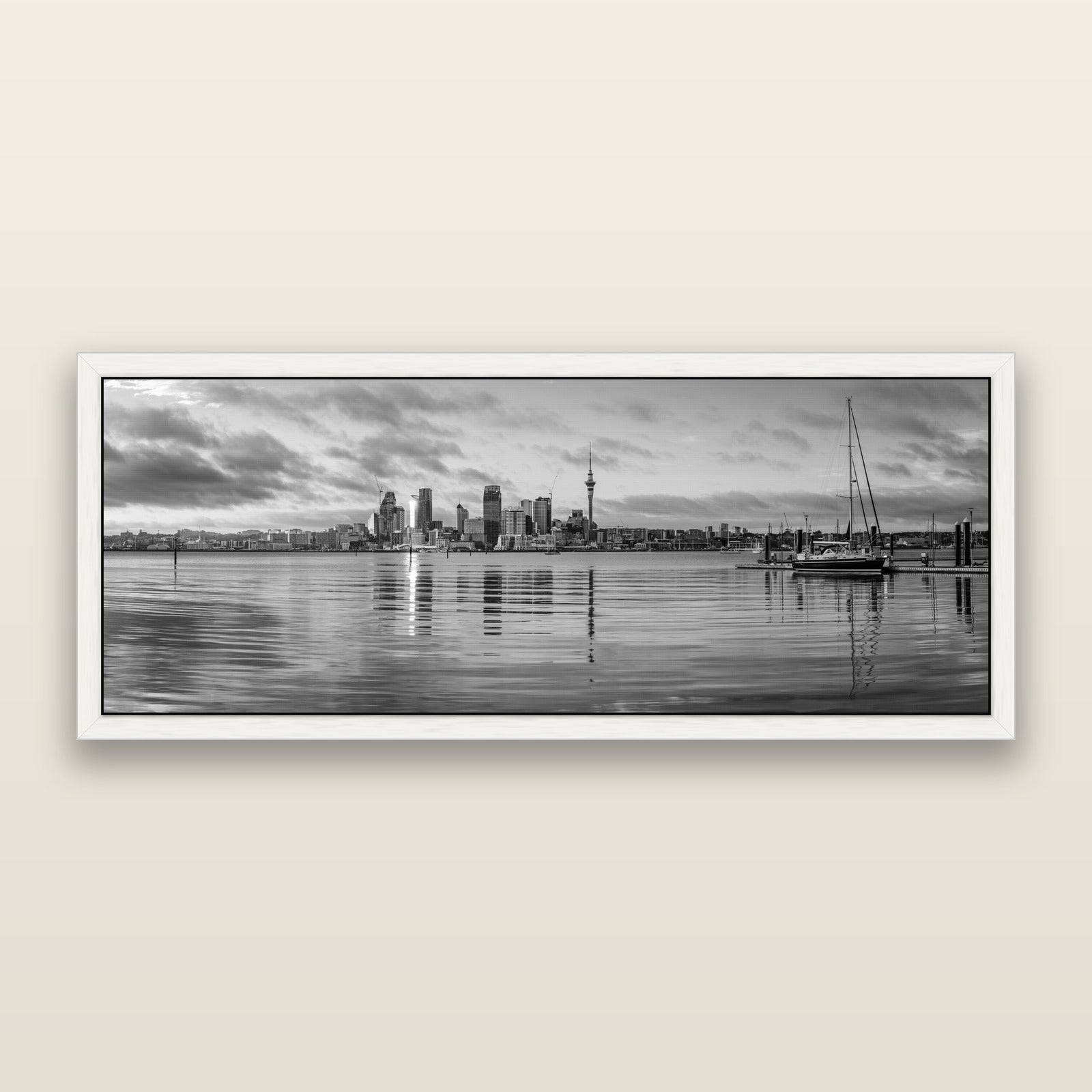 City of Dawn, Auckland's Majestic Awakening, black and white framed metallic canvas print, White frame. New Zealand fine art wall art by Stephen Milner.