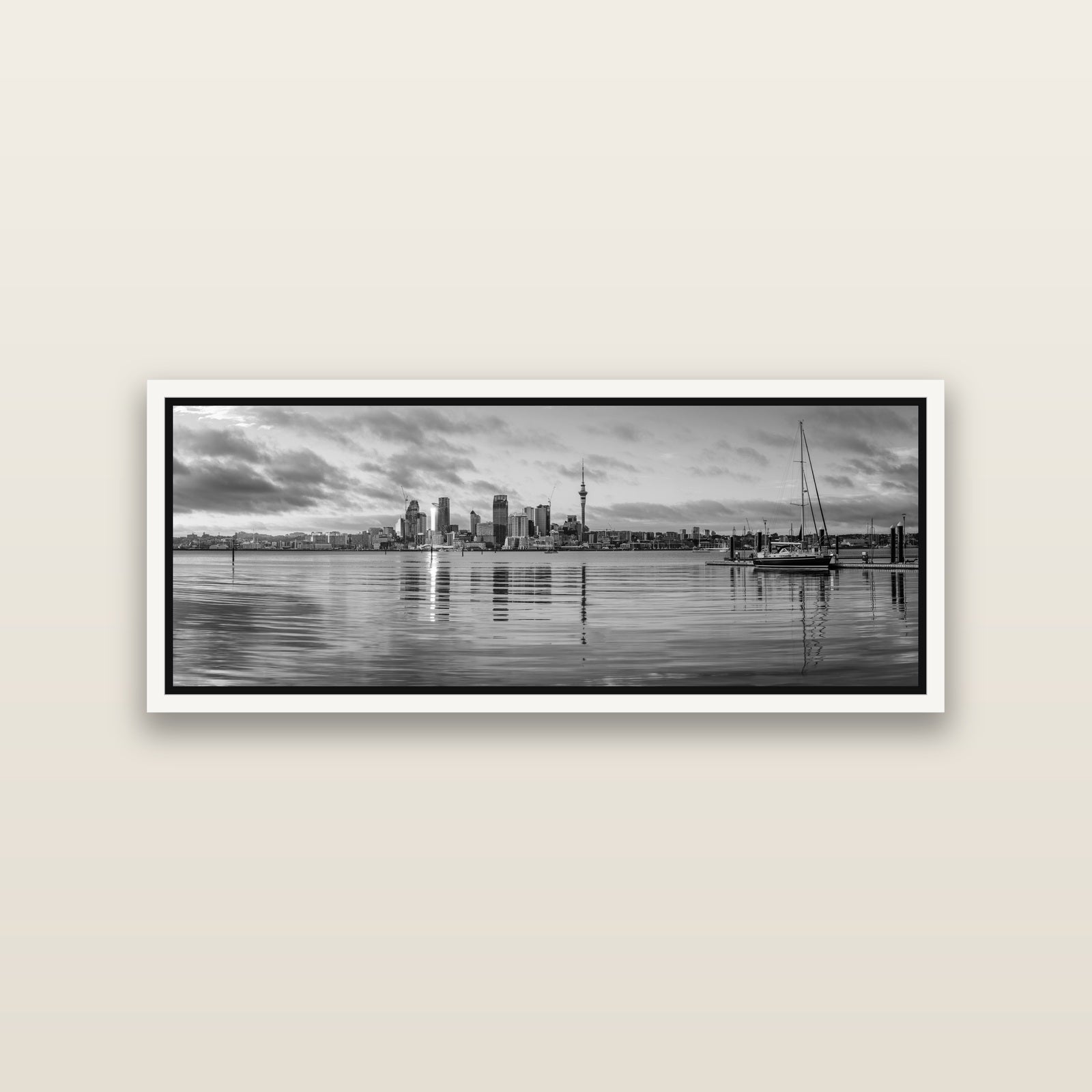 City of Dawn, Auckland's Majestic Awakening — White framed metallic canvas print, small 86 × 30 cm. New Zealand fine art landscape wall art by Stephen Milner.