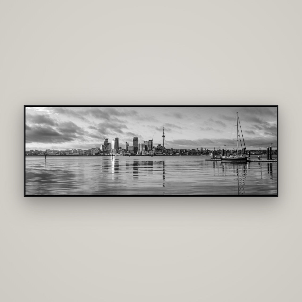 City of Dawn, Auckland's Majestic Awakening — ArtBox Black, 170×60 cm. New Zealand fine art wall art by Stephen Milner.