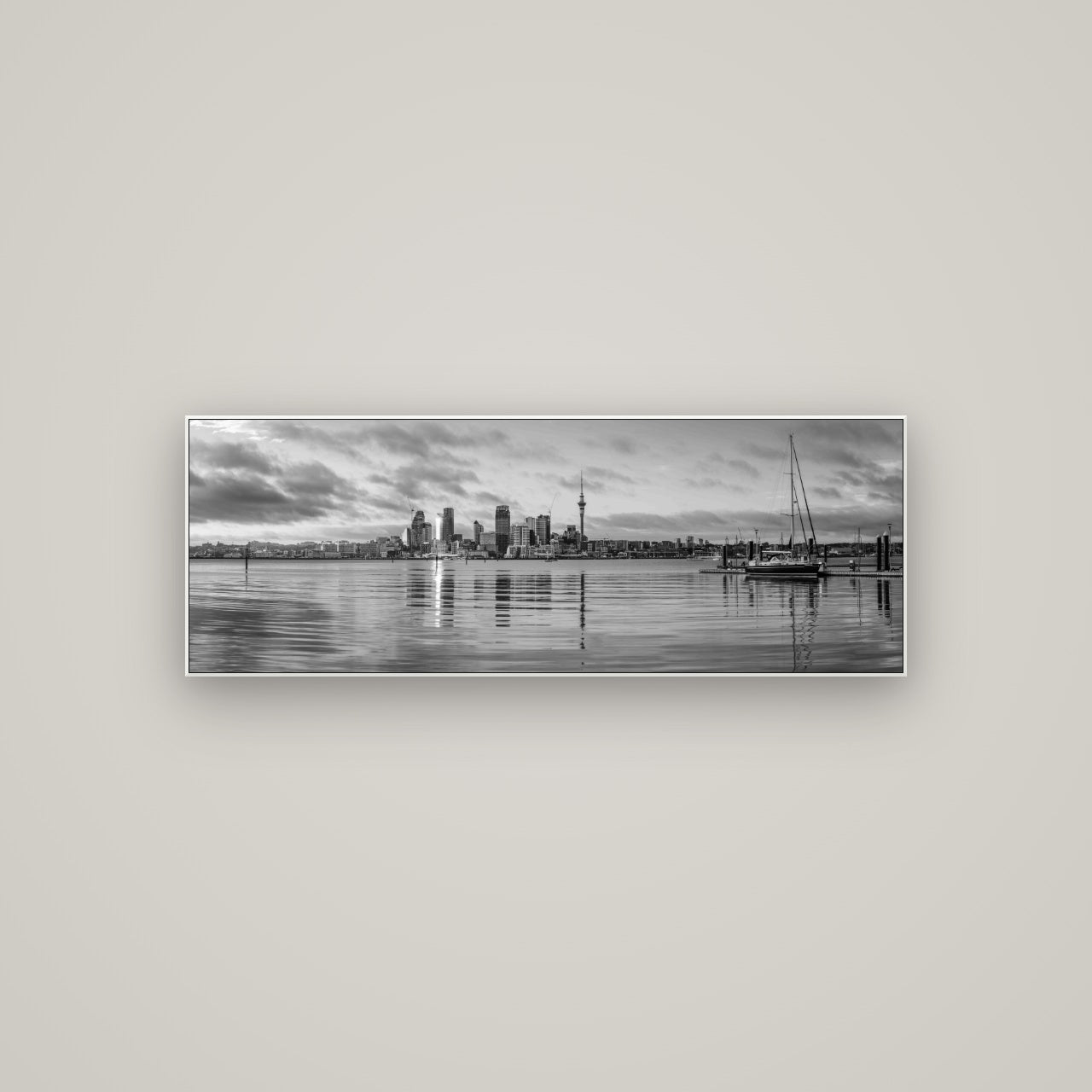 City of Dawn, Auckland's Majestic Awakening — ArtBox White, 113×40 cm. New Zealand fine art wall art by Stephen Milner.