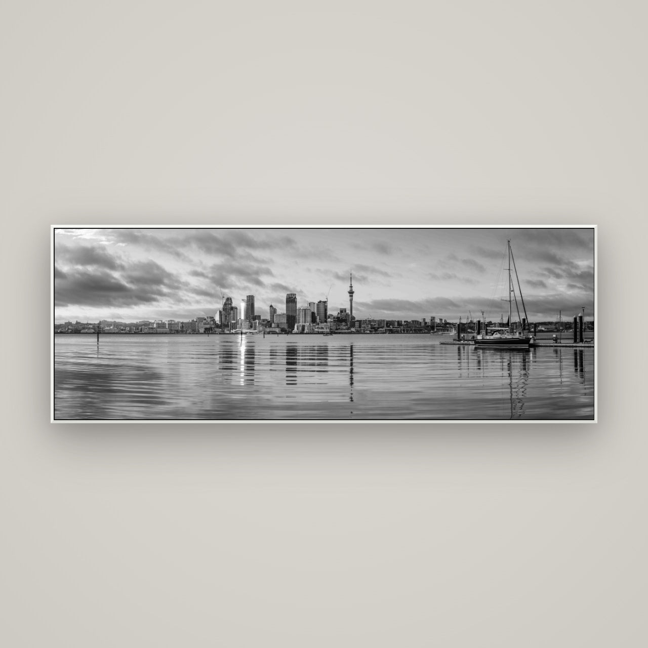 City of Dawn, Auckland's Majestic Awakening — ArtBox White, 170×60 cm. New Zealand fine art wall art by Stephen Milner.