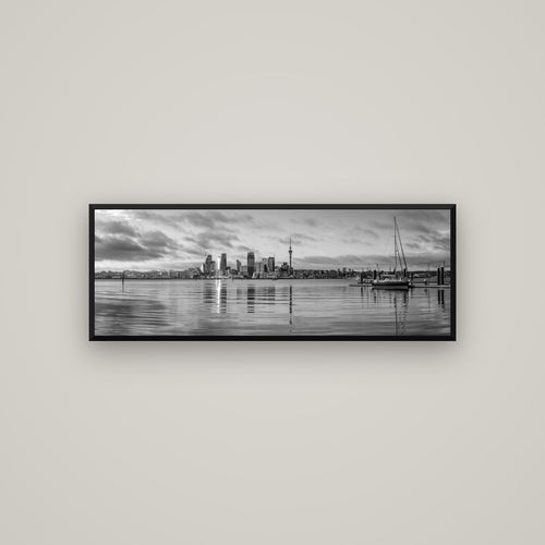 City of Dawn, Auckland's Majestic Awakening — Basel Black, 113×40 cm. New Zealand fine art wall art by Stephen Milner.