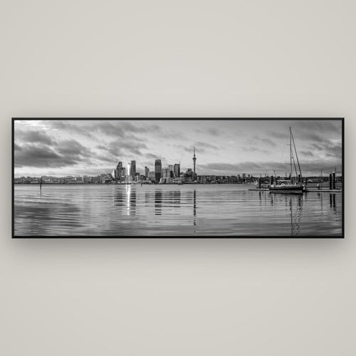 City of Dawn, Auckland's Majestic Awakening — Basel Black, 198×70 cm. New Zealand fine art wall art by Stephen Milner.