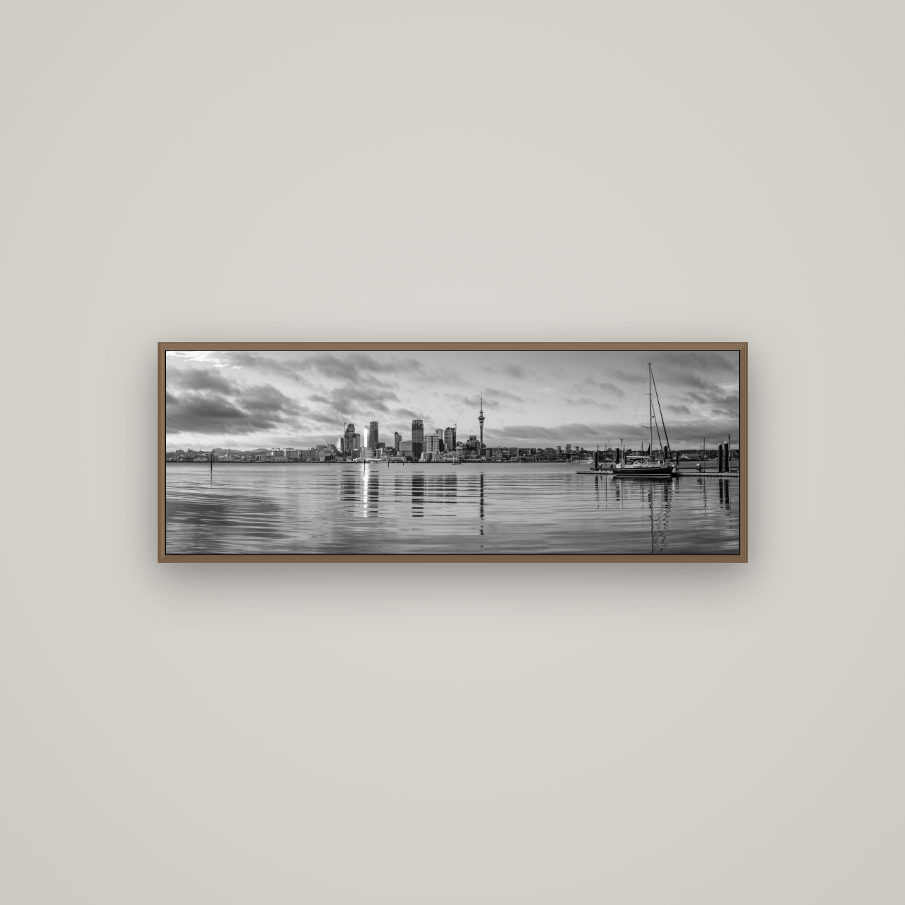 City of Dawn, Auckland's Majestic Awakening, Basel Walnut, 113×40 cm. New Zealand fine art wall art by Stephen Milner.