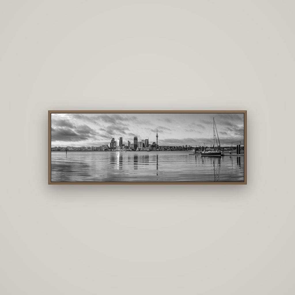 City of Dawn, Auckland's Majestic Awakening, Basel Walnut, 113×40 cm. New Zealand fine art wall art by Stephen Milner.