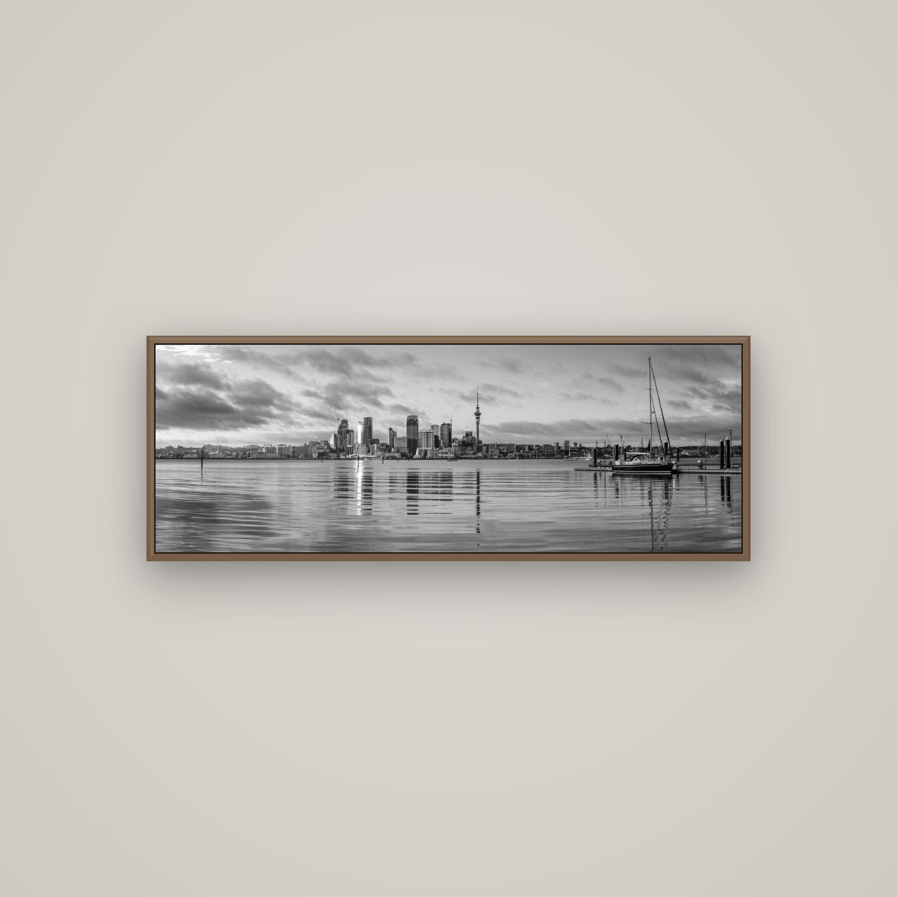 City of Dawn, Auckland's Majestic Awakening, Basel Walnut, 113×40 cm. New Zealand fine art wall art by Stephen Milner.