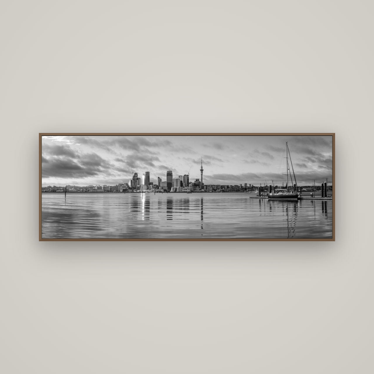 City of Dawn, Auckland's Majestic Awakening, Basel Walnut, 170×60 cm. New Zealand fine art wall art by Stephen Milner.