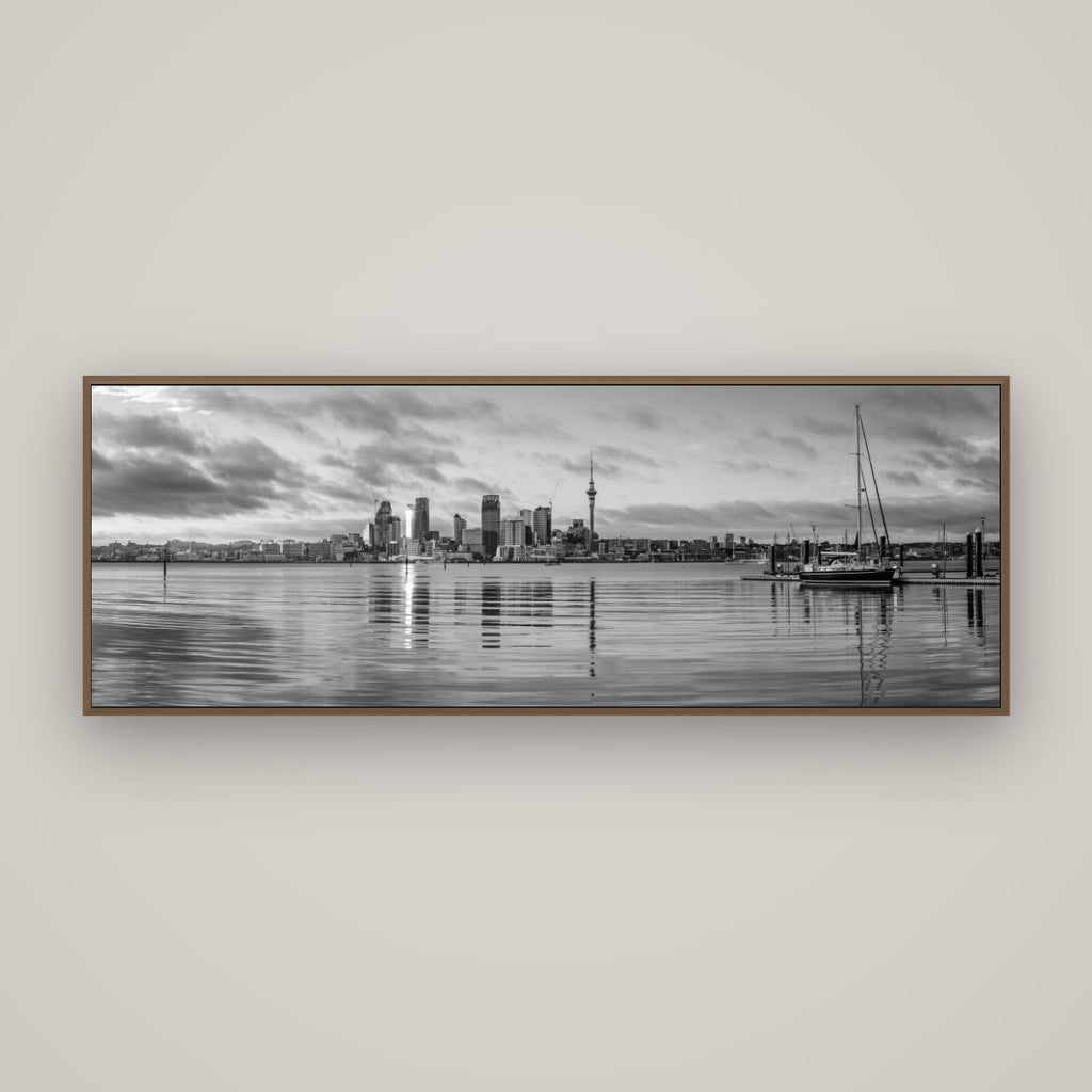 City of Dawn, Auckland's Majestic Awakening, Basel Walnut, 170×60 cm. New Zealand fine art wall art by Stephen Milner.