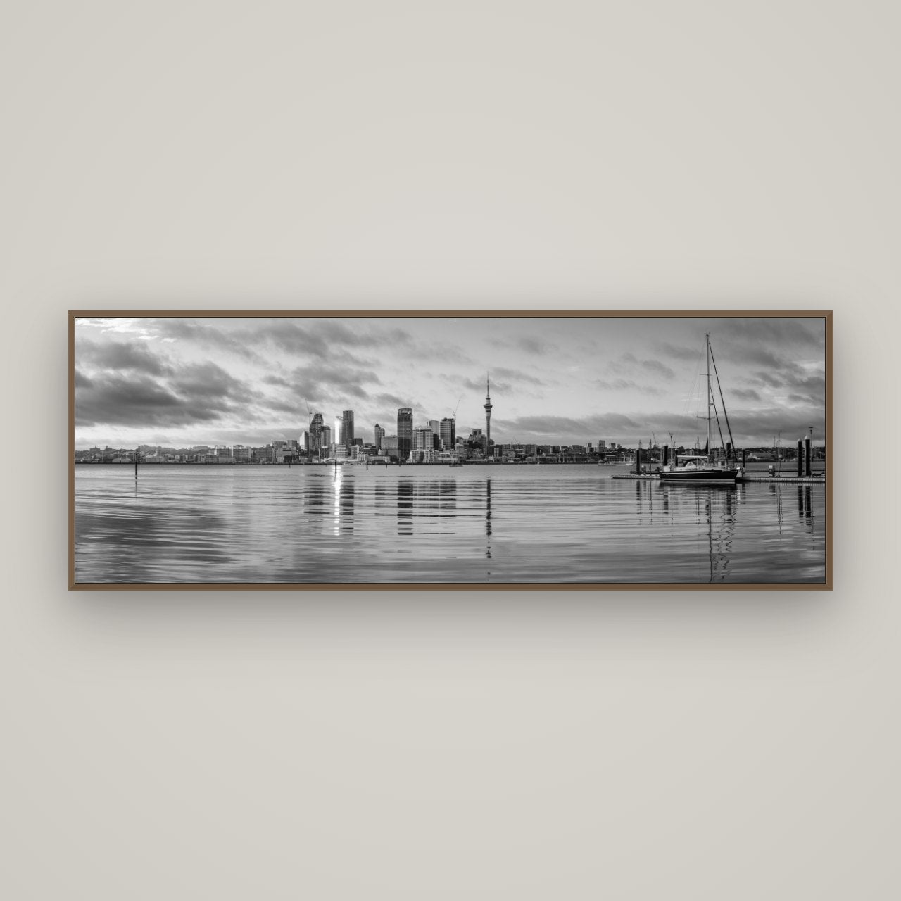 City of Dawn, Auckland's Majestic Awakening, Basel Walnut, 170×60 cm. New Zealand fine art wall art by Stephen Milner.