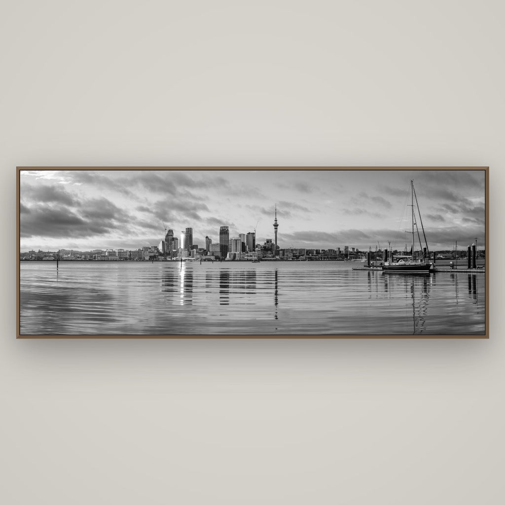 City of Dawn, Auckland's Majestic Awakening, Basel Walnut, 198×70 cm. New Zealand fine art wall art by Stephen Milner.