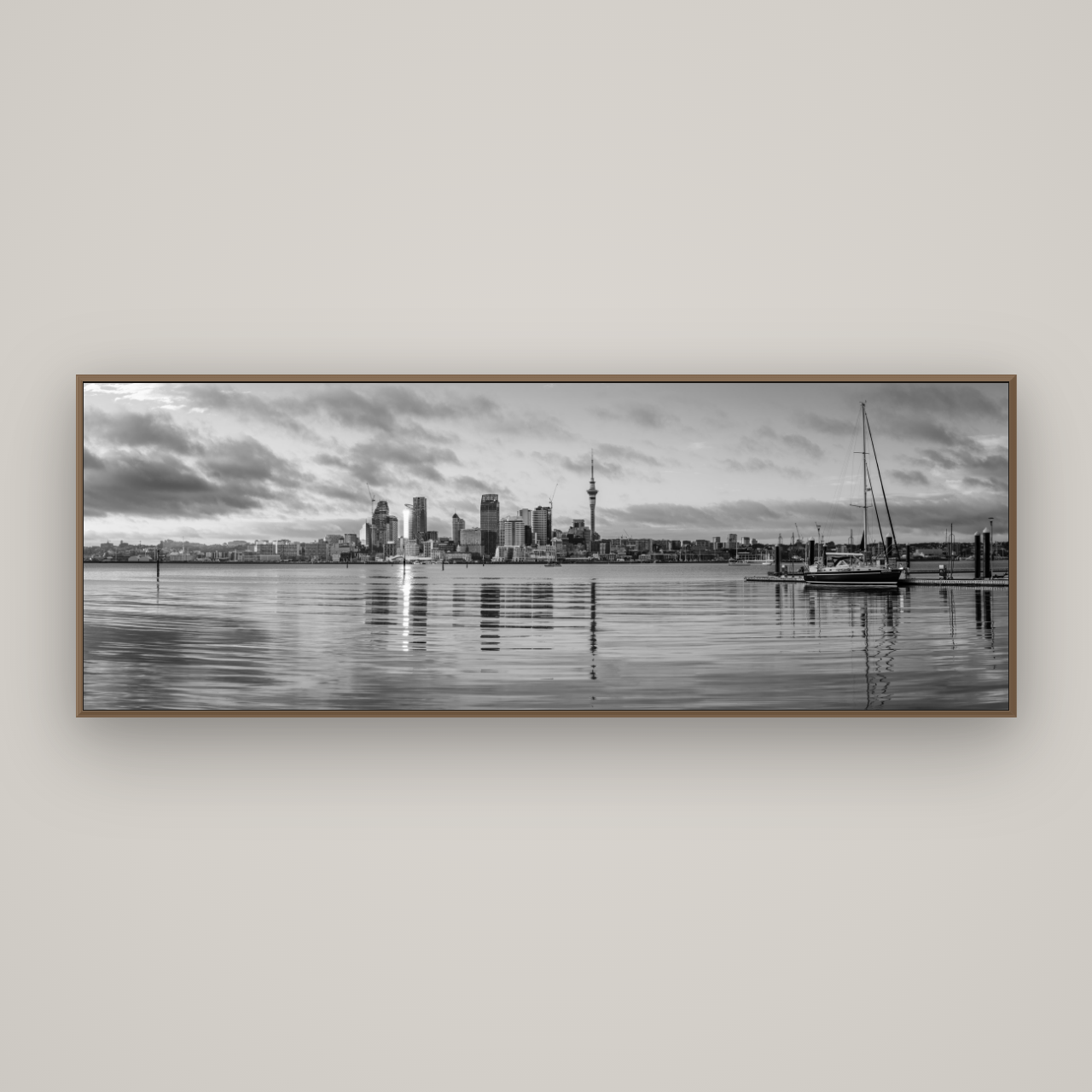 City of Dawn, Auckland's Majestic Awakening, Basel Walnut, 198×70 cm. New Zealand fine art wall art by Stephen Milner.