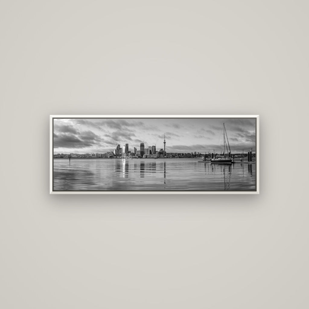City of Dawn, Auckland's Majestic Awakening — Basel White, 113×40 cm. New Zealand fine art wall art by Stephen Milner.