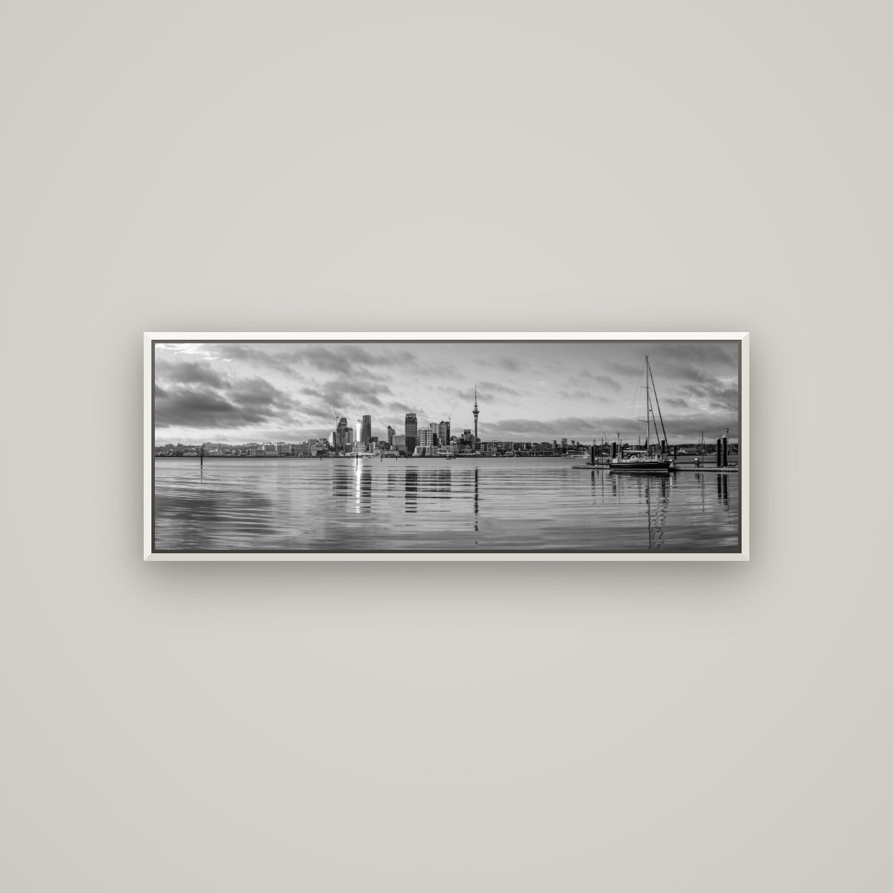 City of Dawn, Auckland's Majestic Awakening — Basel White, 113×40 cm. New Zealand fine art wall art by Stephen Milner.