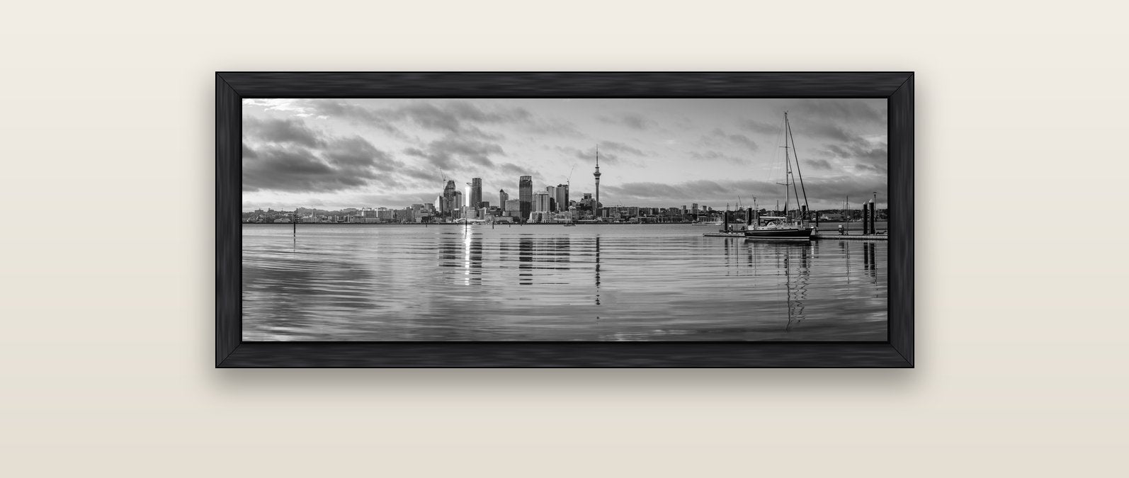 City of Dawn, Auckland's Majestic Awakening — black float frame canvas, 102 × 36 cm. New Zealand fine art landscape wall art by Stephen Milner.