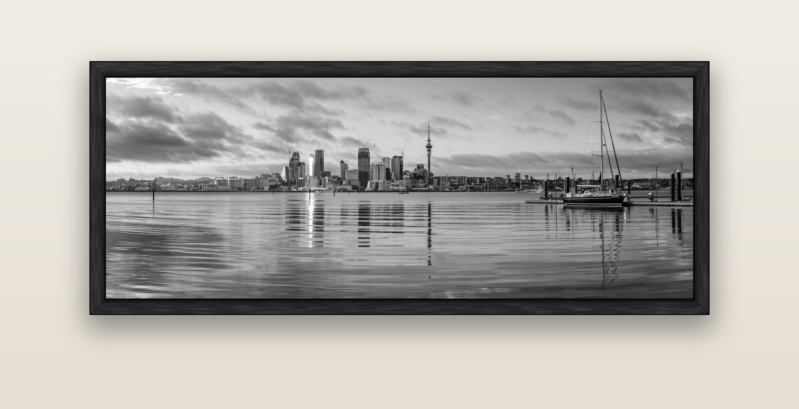 City of Dawn, Auckland's Majestic Awakening — black float frame canvas, 152 × 56 cm. New Zealand fine art landscape wall art by Stephen Milner.