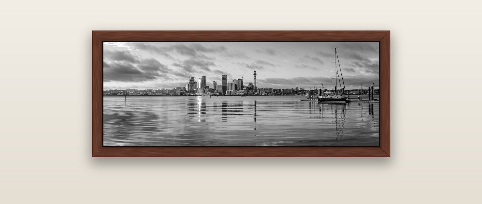 City of Dawn, Auckland's Majestic Awakening — brown float frame canvas, 102 × 36 cm. New Zealand fine art landscape wall art by Stephen Milner.