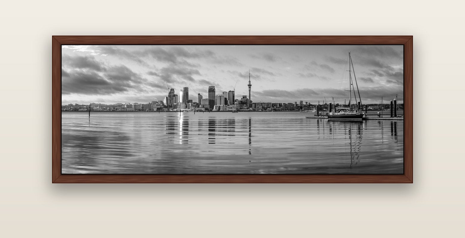 City of Dawn, Auckland's Majestic Awakening — brown float frame canvas, 152 × 56 cm. New Zealand fine art landscape wall art by Stephen Milner.