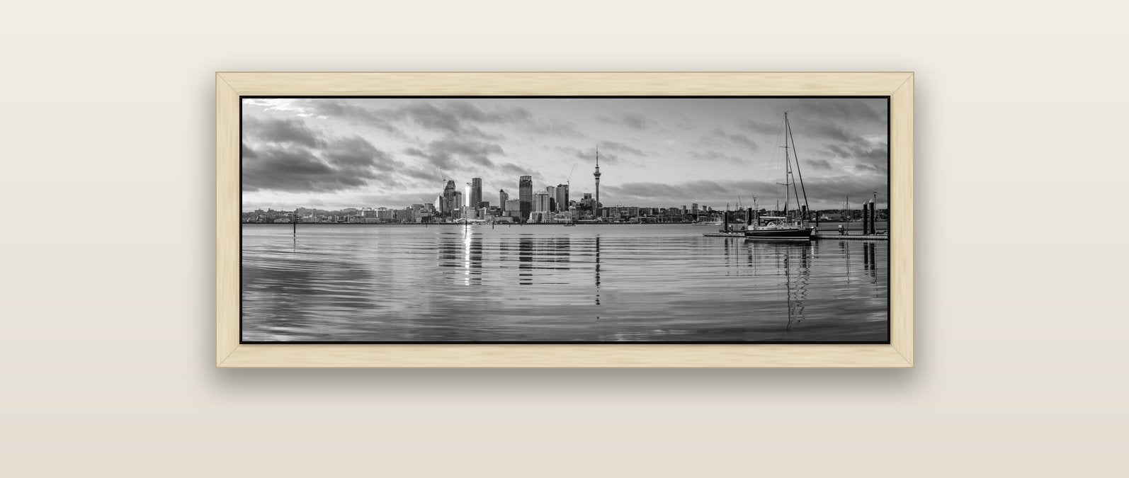 City of Dawn, Auckland's Majestic Awakening — natural float frame canvas, 102 × 36 cm. New Zealand fine art landscape wall art by Stephen Milner.
