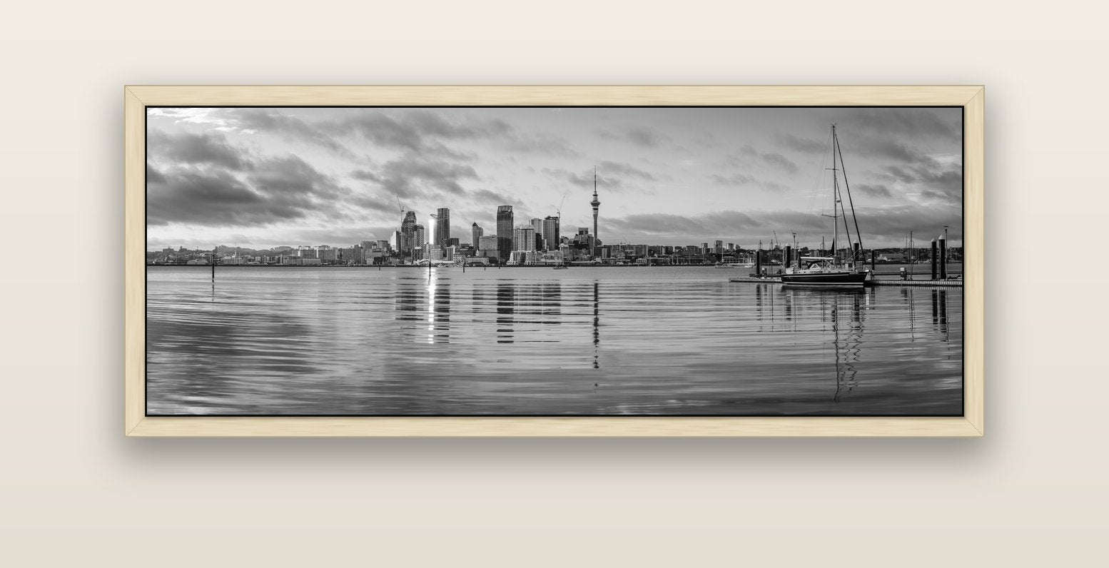 City of Dawn, Auckland's Majestic Awakening — natural float frame canvas, 152 × 56 cm. New Zealand fine art landscape wall art by Stephen Milner.