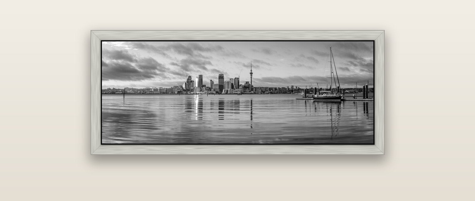 City of Dawn, Auckland's Majestic Awakening — silver float frame canvas, 102 × 36 cm. New Zealand fine art landscape wall art by Stephen Milner.