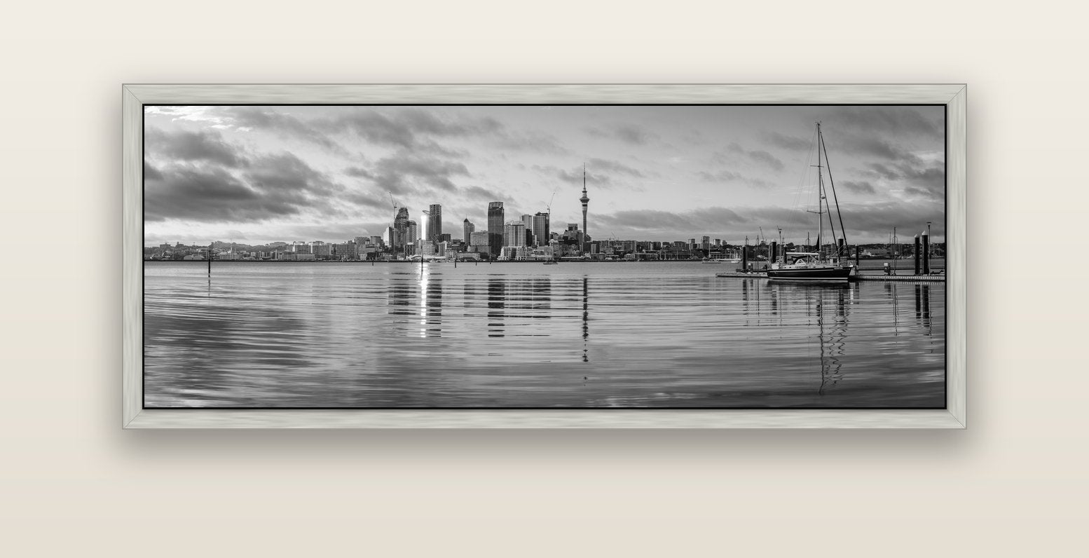 City of Dawn, Auckland's Majestic Awakening — silver float frame canvas, 152 × 56 cm. New Zealand fine art landscape wall art by Stephen Milner.