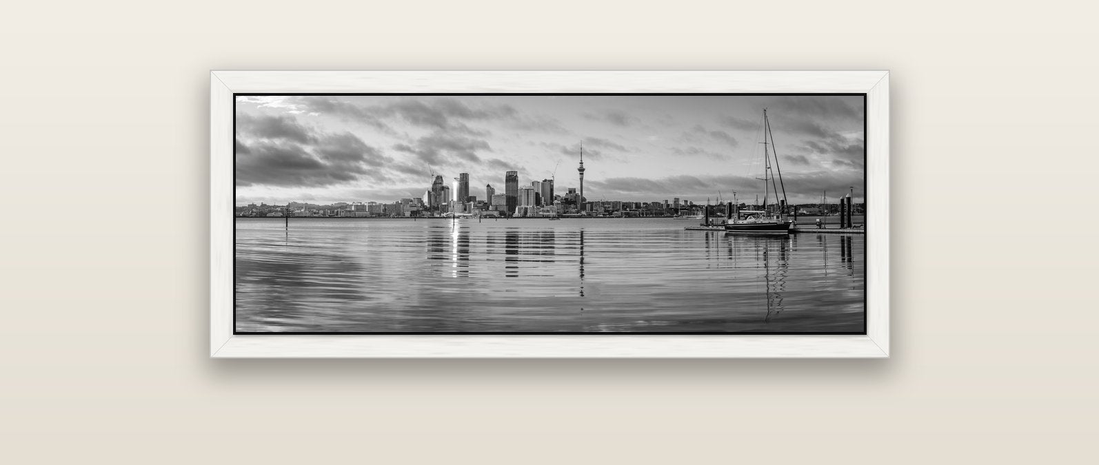 City of Dawn, Auckland's Majestic Awakening — white float frame canvas, 102 × 36 cm. New Zealand fine art landscape wall art by Stephen Milner.