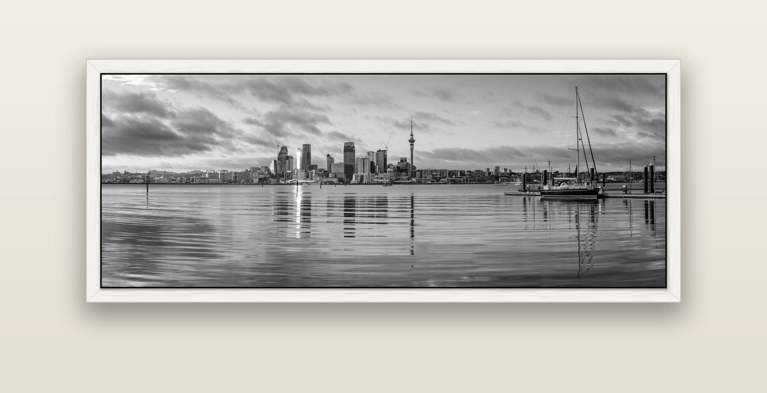 City of Dawn, Auckland's Majestic Awakening — white float frame canvas, 152 × 56 cm. New Zealand fine art landscape wall art by Stephen Milner.