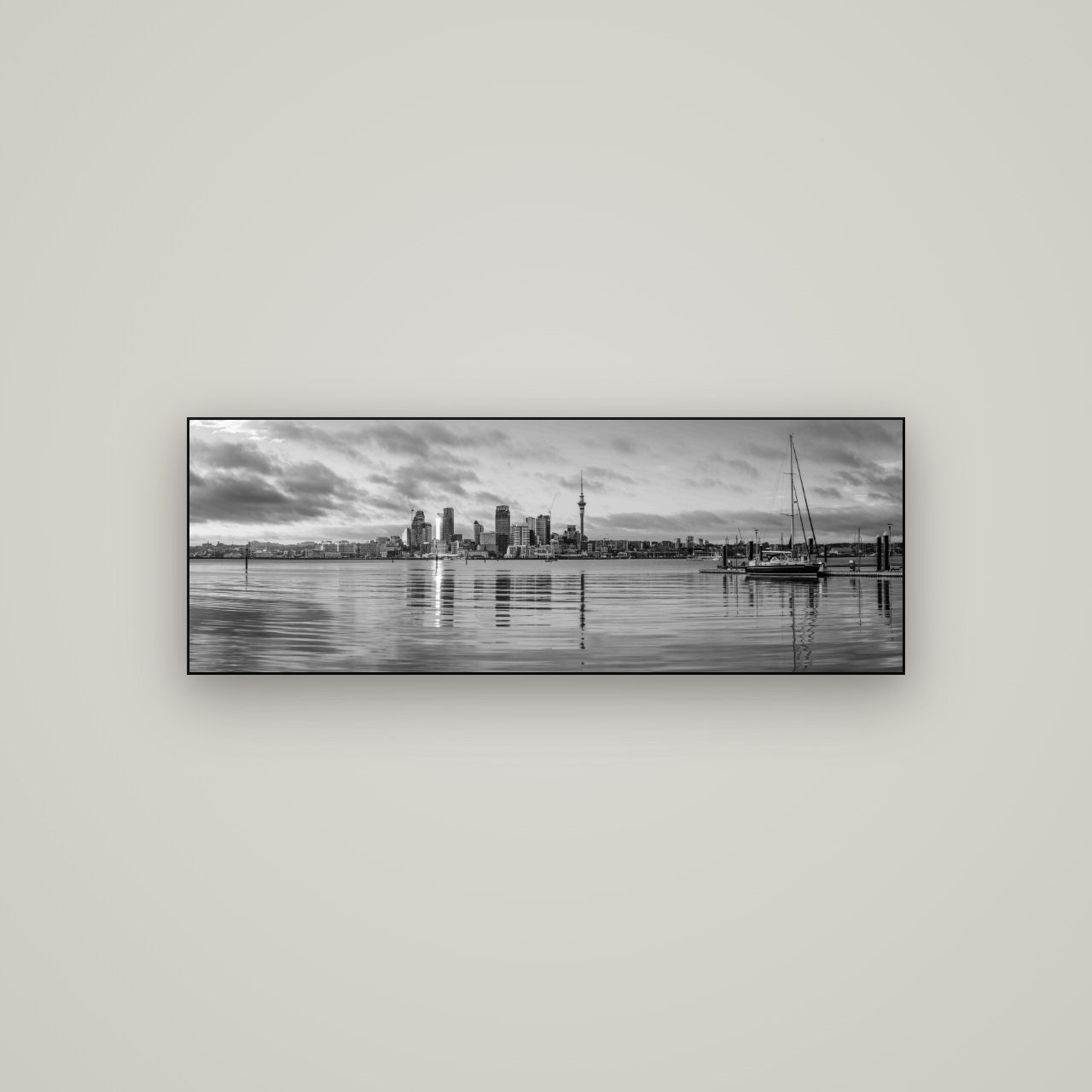 City of Dawn, Auckland's Majestic Awakening — Slimline Black, 113×40 cm. New Zealand fine art wall art by Stephen Milner.
