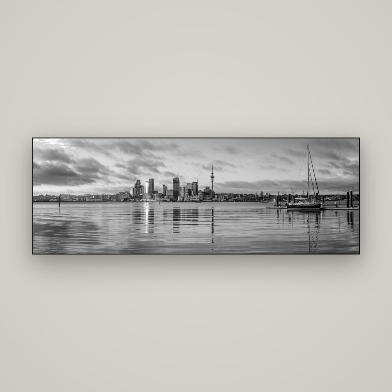 City of Dawn, Auckland's Majestic Awakening — Slimline Black, 170×60 cm. New Zealand fine art wall art by Stephen Milner.