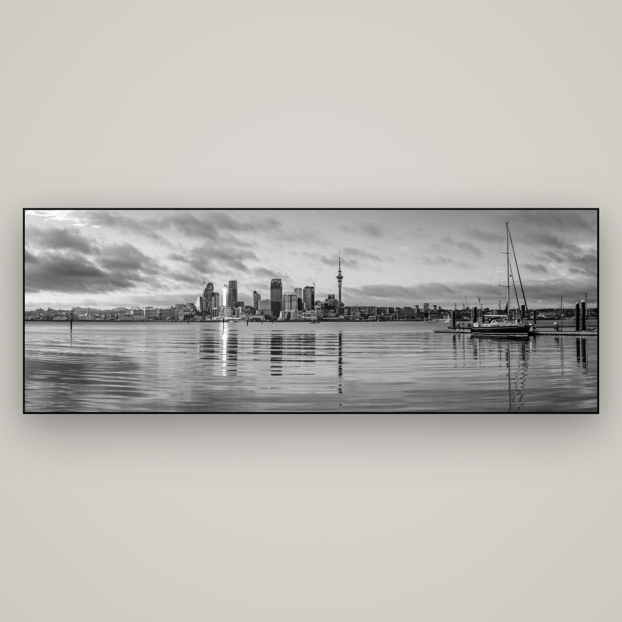 City of Dawn, Auckland's Majestic Awakening — Slimline Black, 198×70 cm. New Zealand fine art wall art by Stephen Milner.