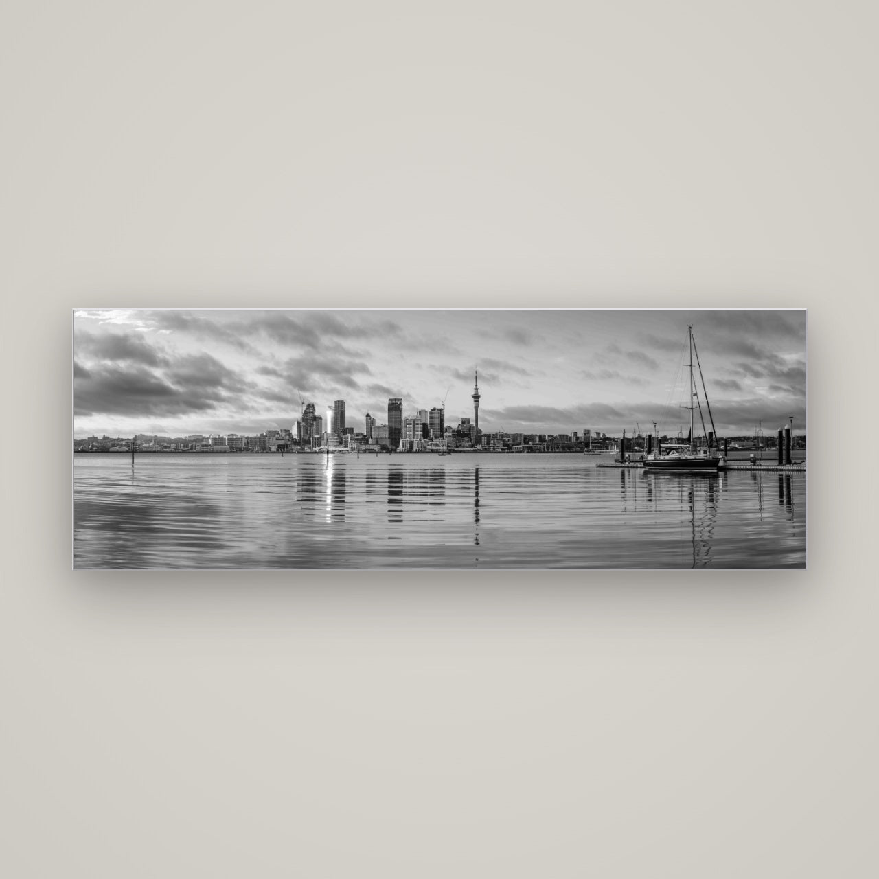 City of Dawn, Auckland's Majestic Awakening — Slimline Silver, 170×60 cm. New Zealand fine art wall art by Stephen Milner.
