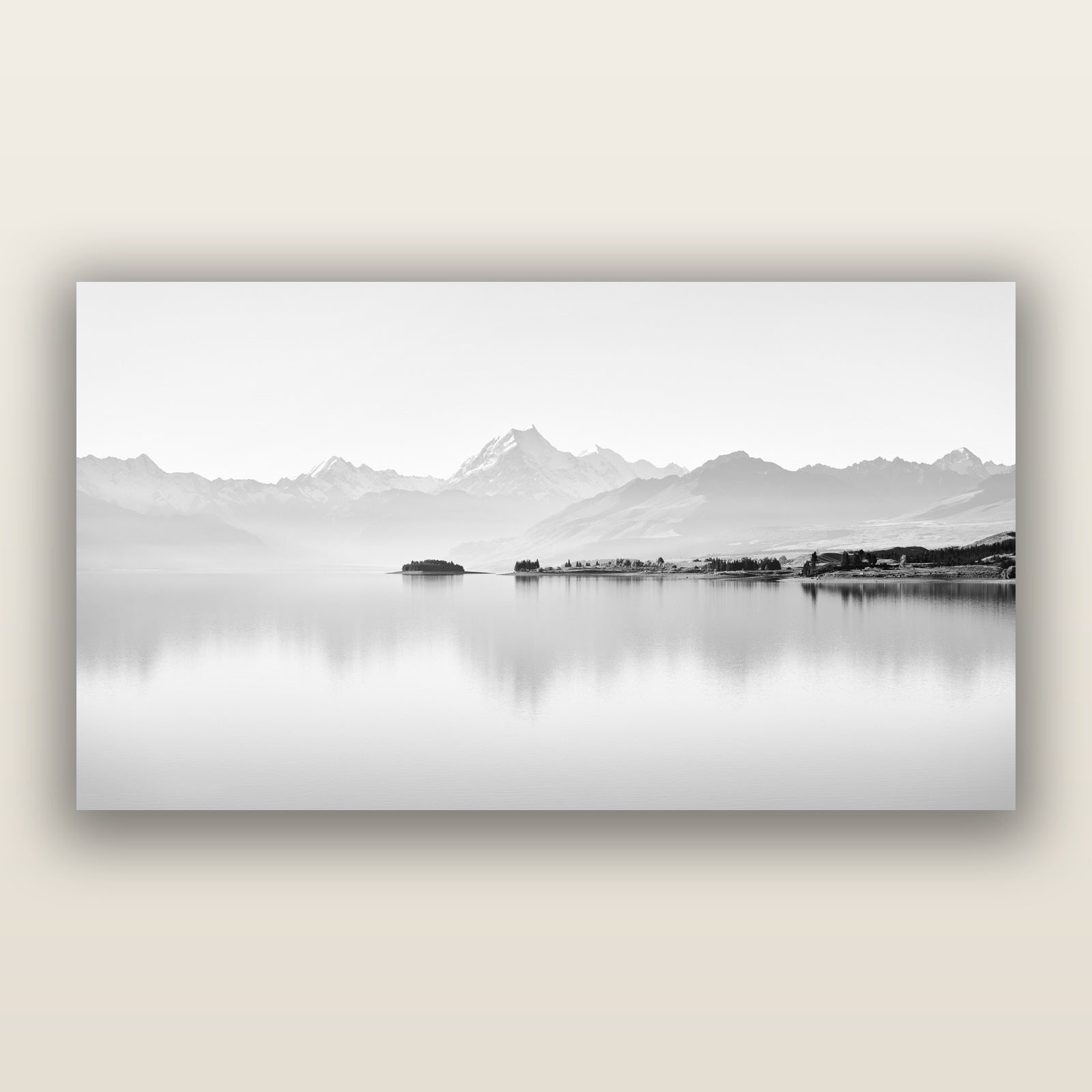 Cook's Elegance, Lake Pukaki, black and white frameless acrylic glass print. New Zealand fine art photography by Stephen Milner.