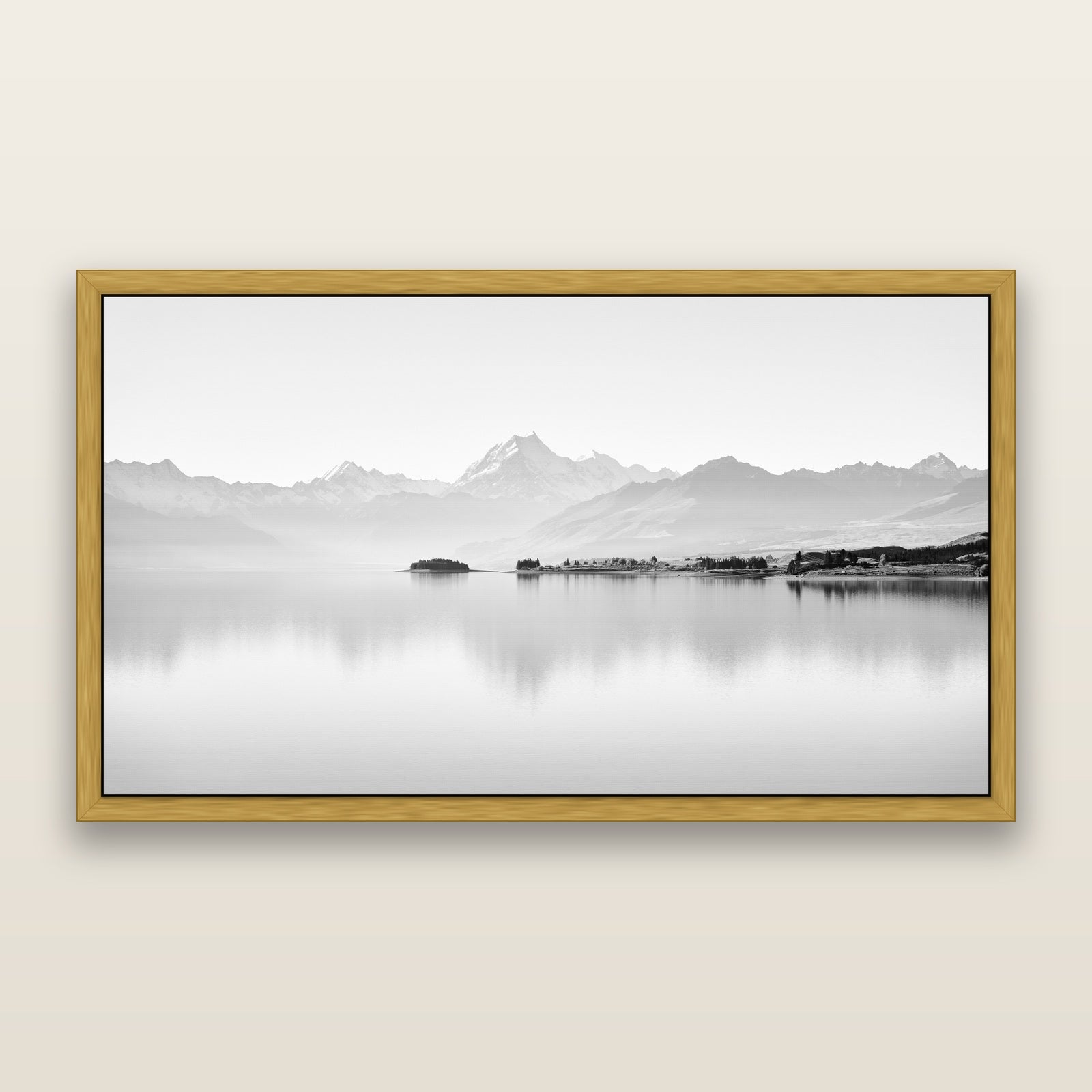 Cook's Elegance, Lake Pukaki, black and white framed metallic canvas print, Antique Gold frame. New Zealand fine art wall art by Stephen Milner.